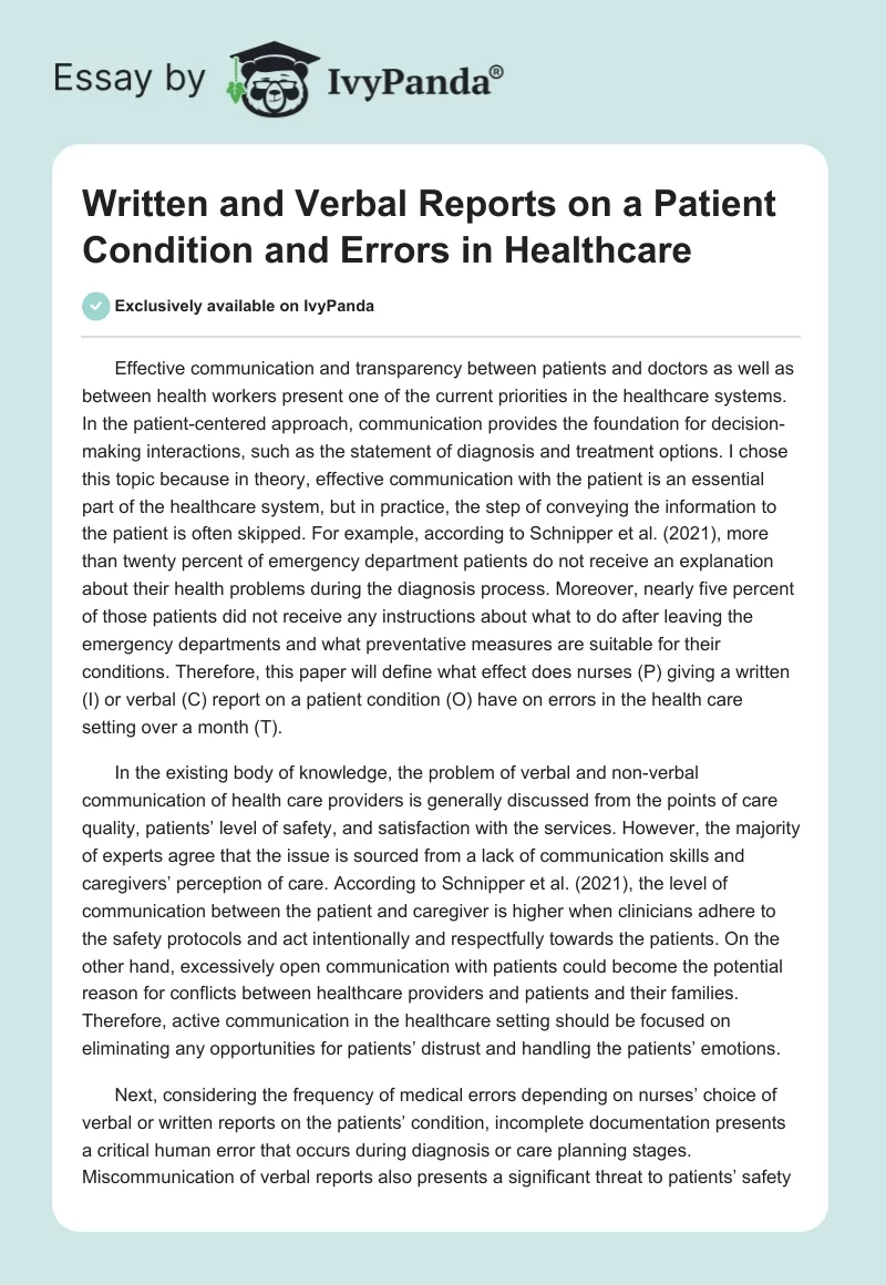 Written and Verbal Reports on a Patient Condition and Errors in Healthcare. Page 1