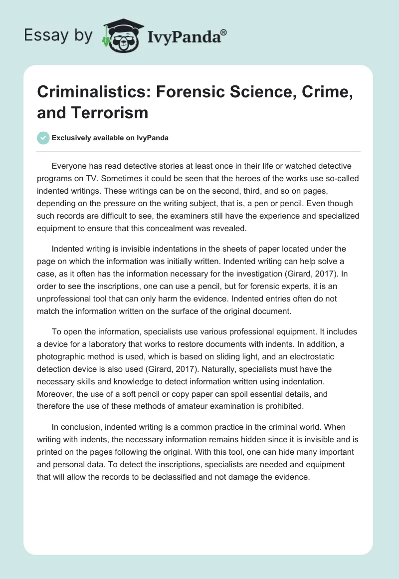 Criminalistics: Forensic Science, Crime, and Terrorism. Page 1