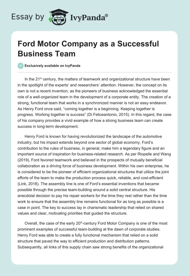 Ford Motor Company as a Successful Business Team. Page 1