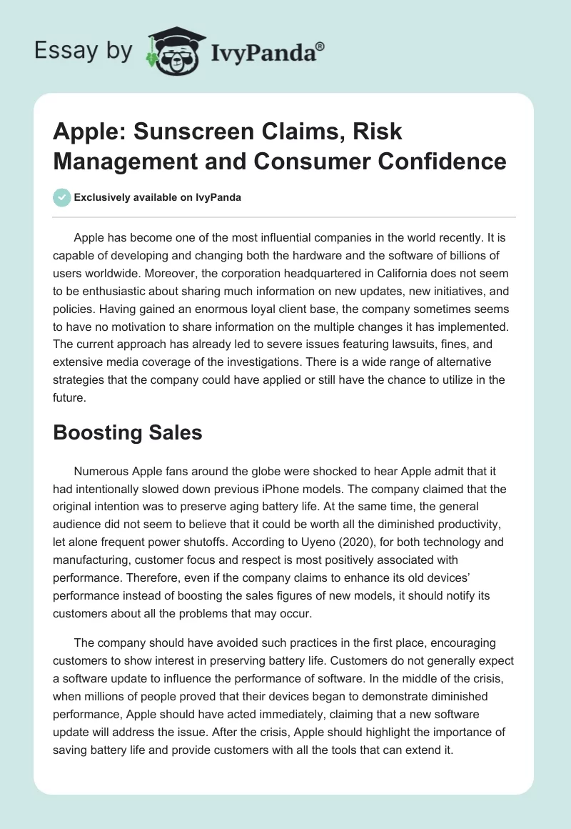 Apple: Sunscreen Claims, Risk Management and Consumer Confidence. Page 1