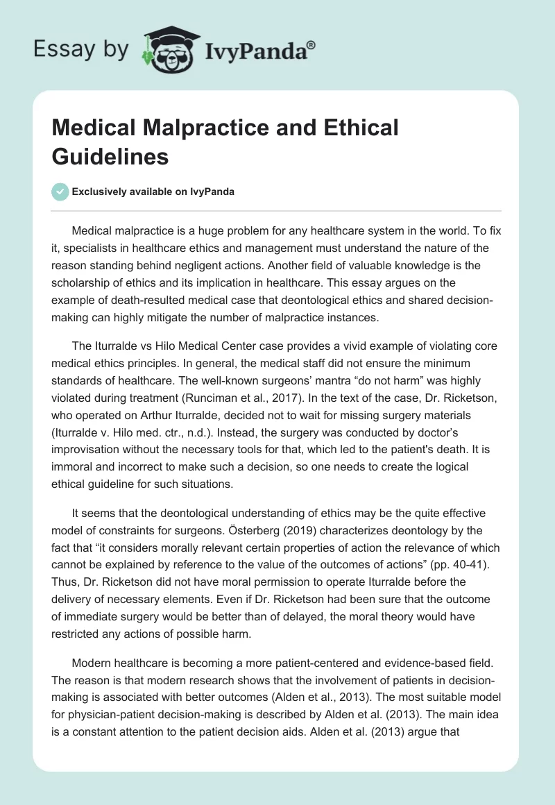 Medical Malpractice and Ethical Guidelines. Page 1