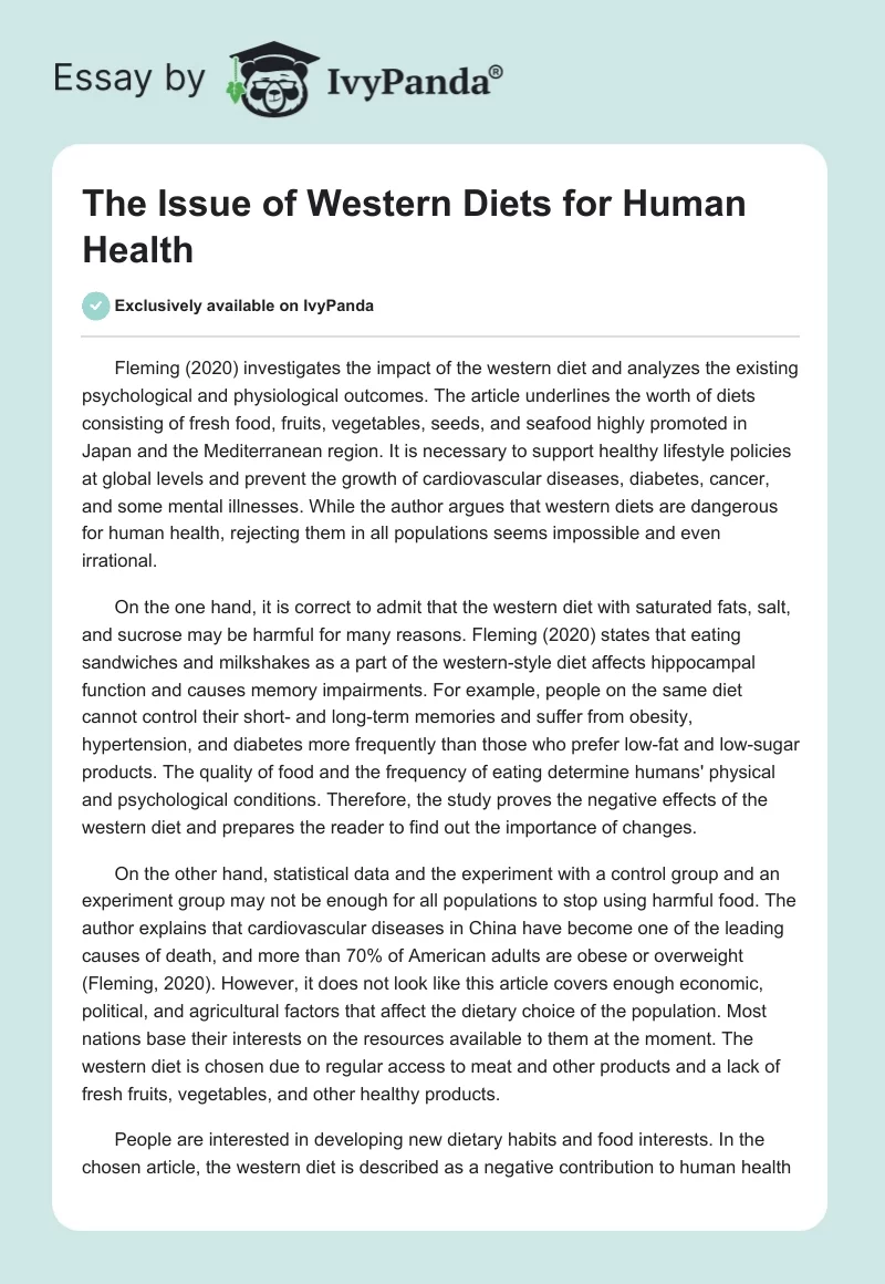The Issue of Western Diets for Human Health. Page 1