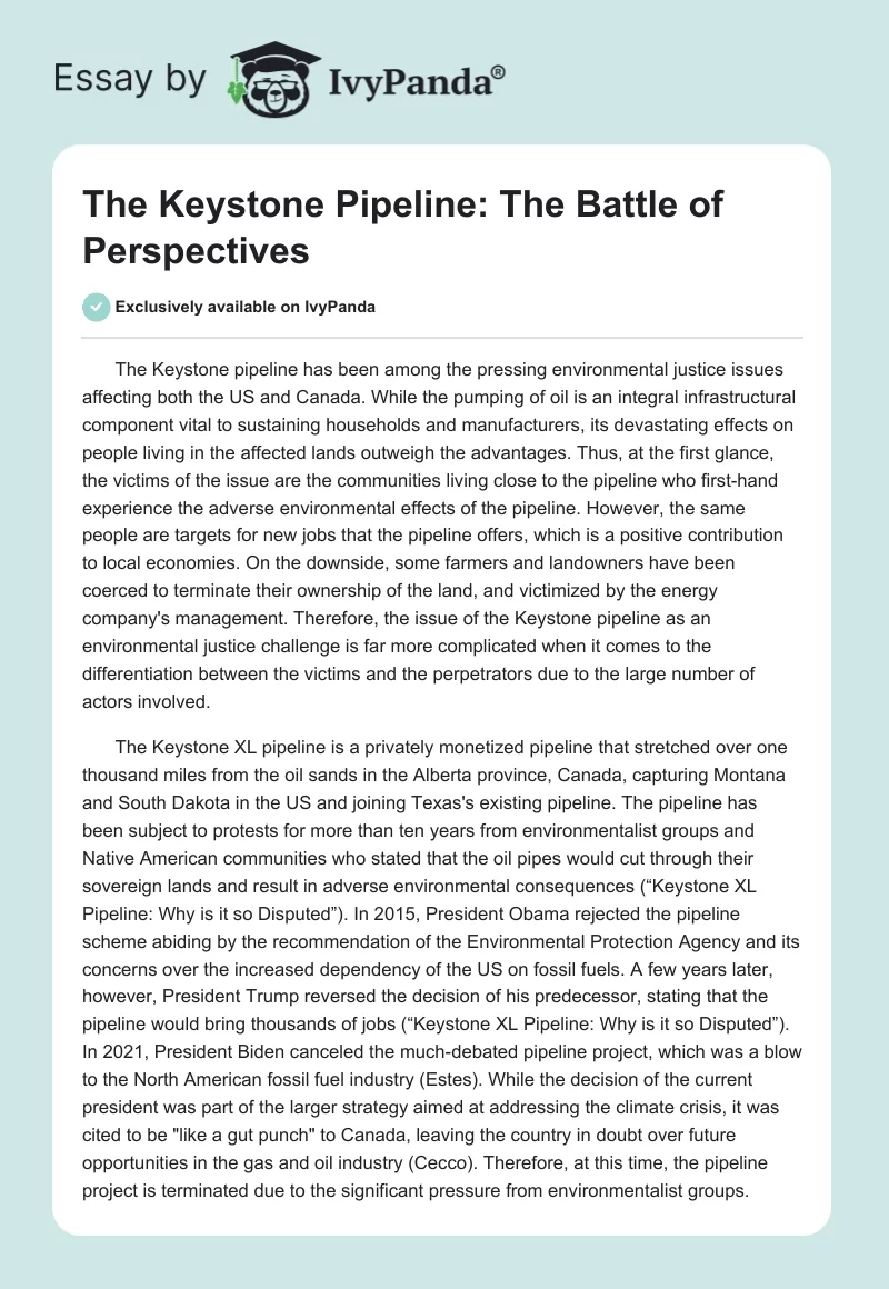 The Keystone Pipeline: The Battle of Perspectives. Page 1