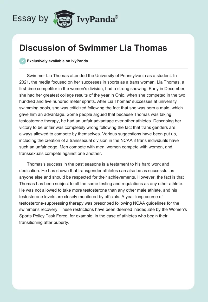 Discussion of Swimmer Lia Thomas. Page 1