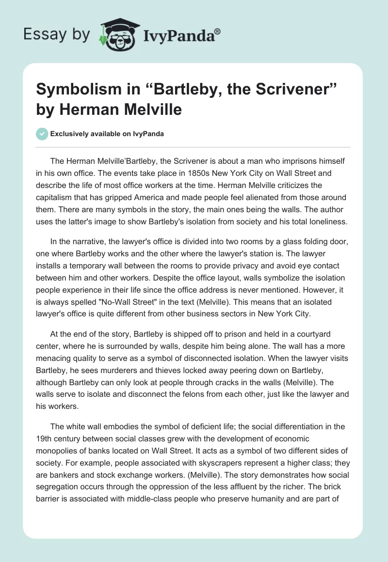 Symbolism in “Bartleby, the Scrivener” by Herman Melville. Page 1