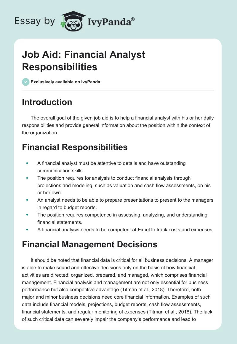 Job Aid: Financial Analyst Responsibilities. Page 1