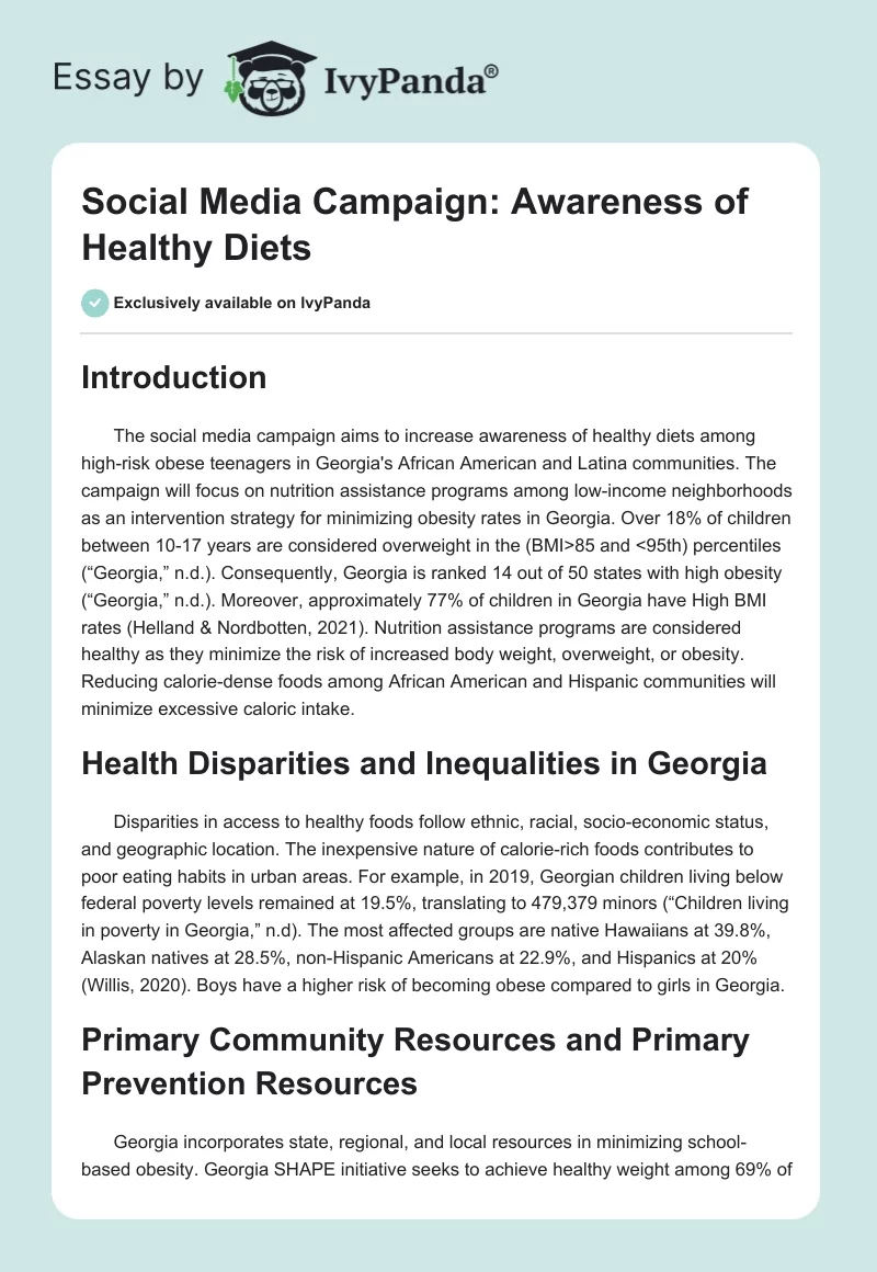Social Media Campaign: Awareness of Healthy Diets. Page 1