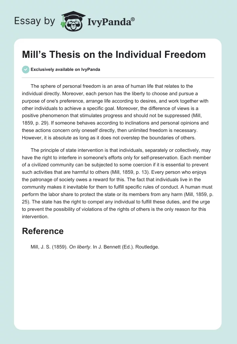 Mill’s Thesis on the Individual Freedom. Page 1