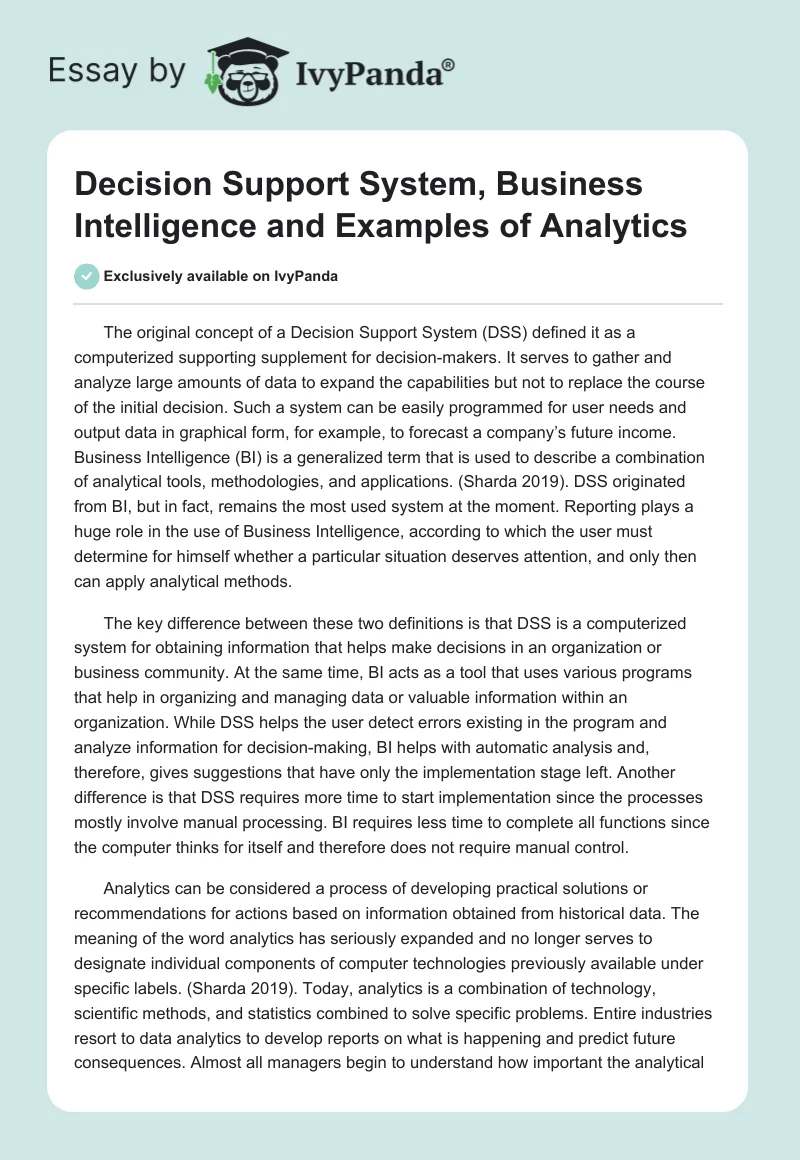 Decision Support System, Business Intelligence and Examples of Analytics. Page 1