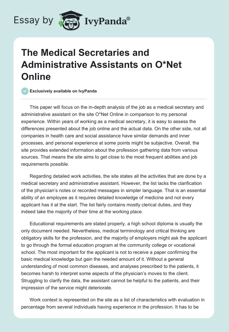 The Medical Secretaries and Administrative Assistants on O*Net Online. Page 1