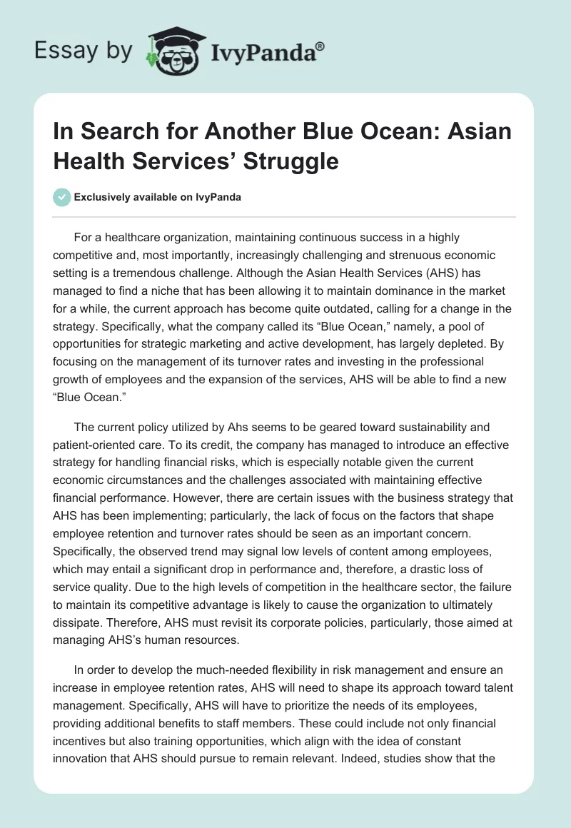 In Search for Another Blue Ocean: Asian Health Services’ Struggle. Page 1