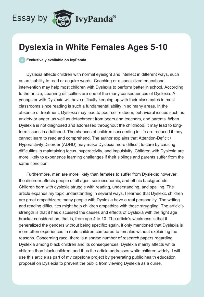 Dyslexia in White Females Ages 5-10. Page 1