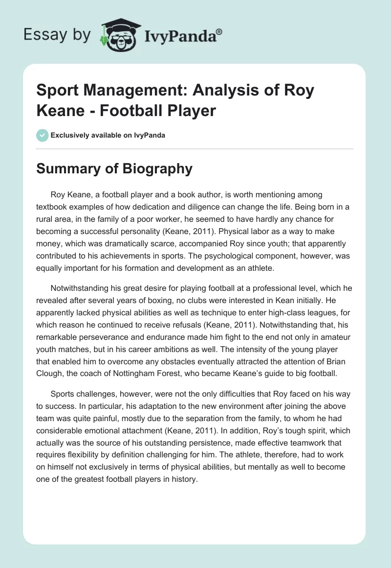 Sport Management: Analysis of Roy Keane - Football Player. Page 1