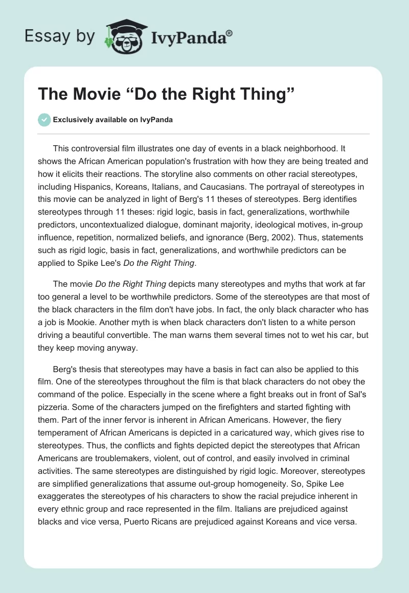 The Movie “Do the Right Thing”. Page 1