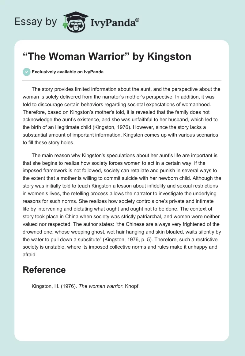 “The Woman Warrior” by Kingston. Page 1