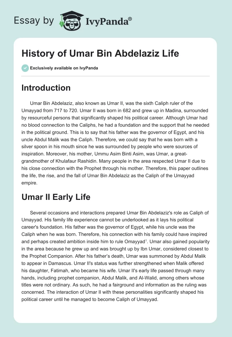 History of Umar Bin Abdelaziz Life. Page 1