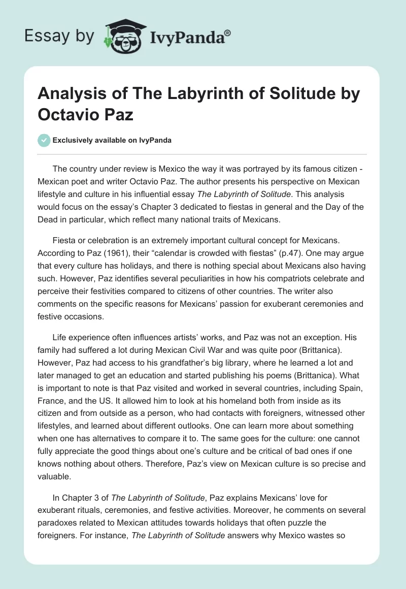 Analysis of "The Labyrinth of Solitude" by Octavio Paz. Page 1