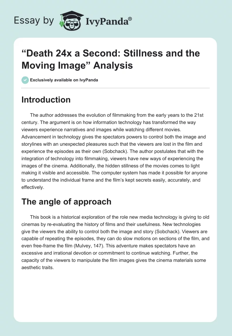 “Death 24x a Second: Stillness and the Moving Image” Analysis. Page 1