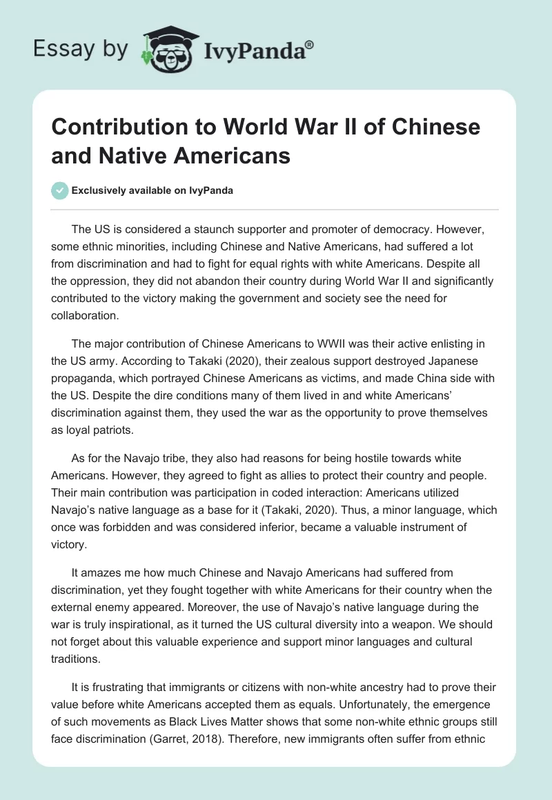 Contribution to World War II of Chinese and Native Americans. Page 1