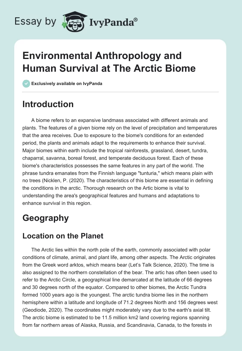 Environmental Anthropology and Human Survival at The Arctic Biome. Page 1