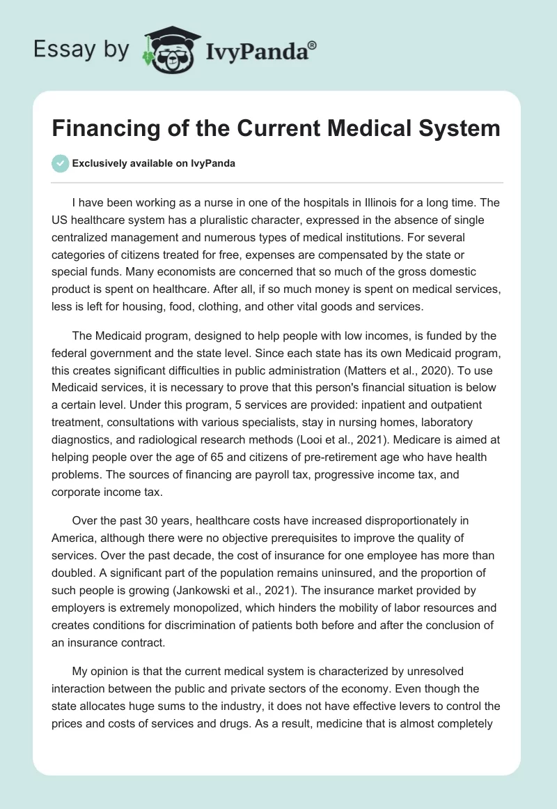 Financing of the Current Medical System. Page 1