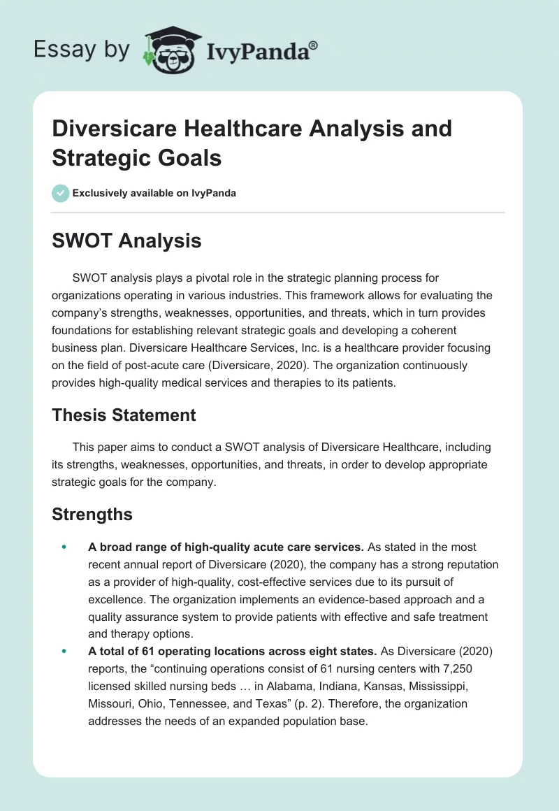 Diversicare Healthcare Analysis and Strategic Goals. Page 1