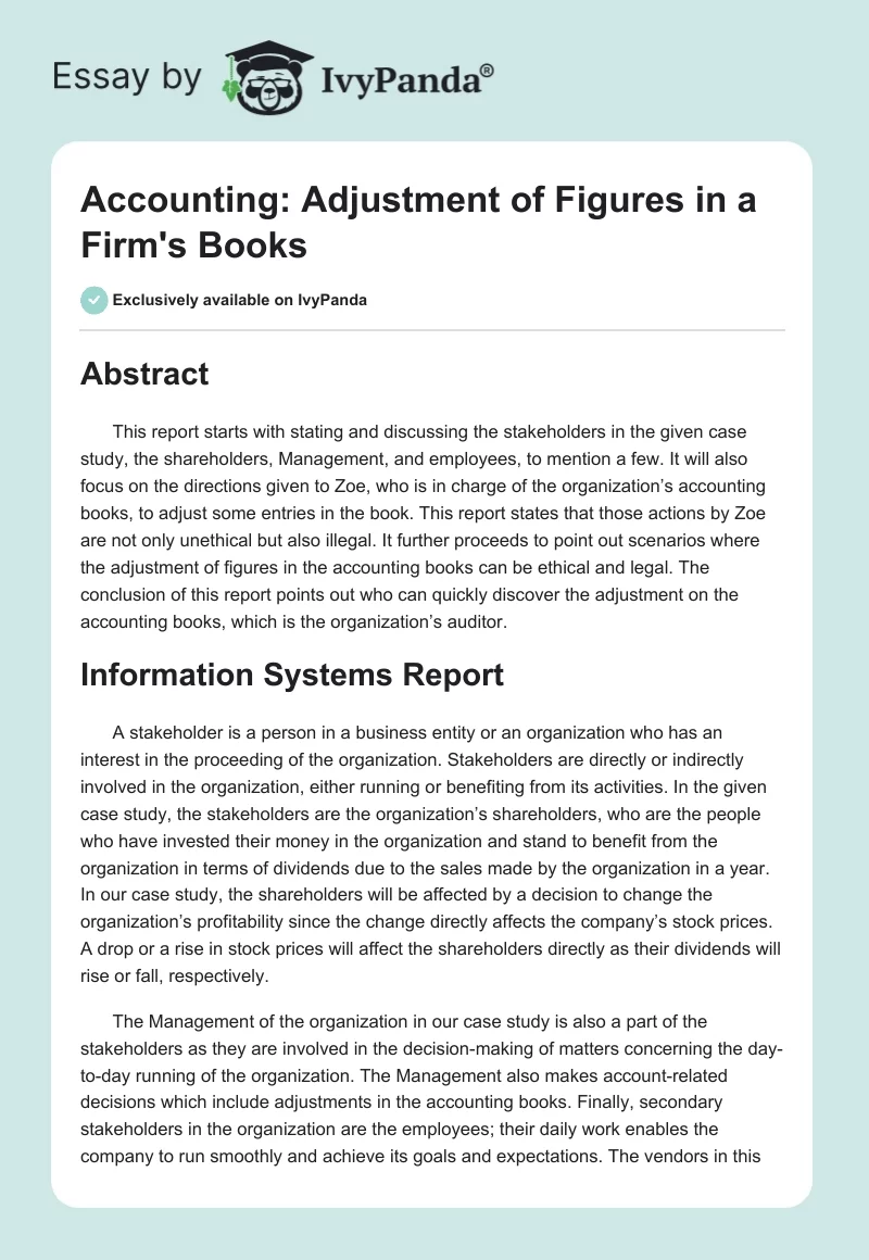 Accounting: Adjustment of Figures in a Firm's Books. Page 1