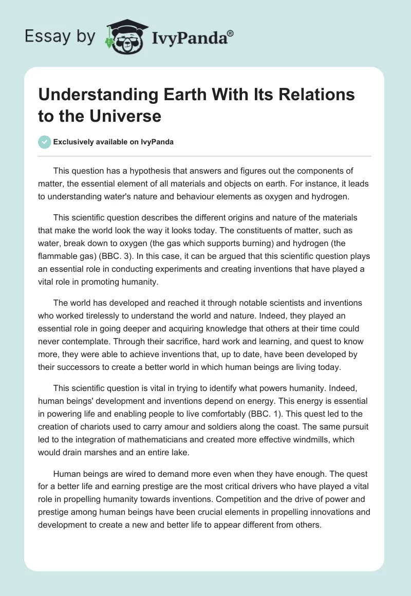 Understanding Earth With Its Relations to the Universe. Page 1