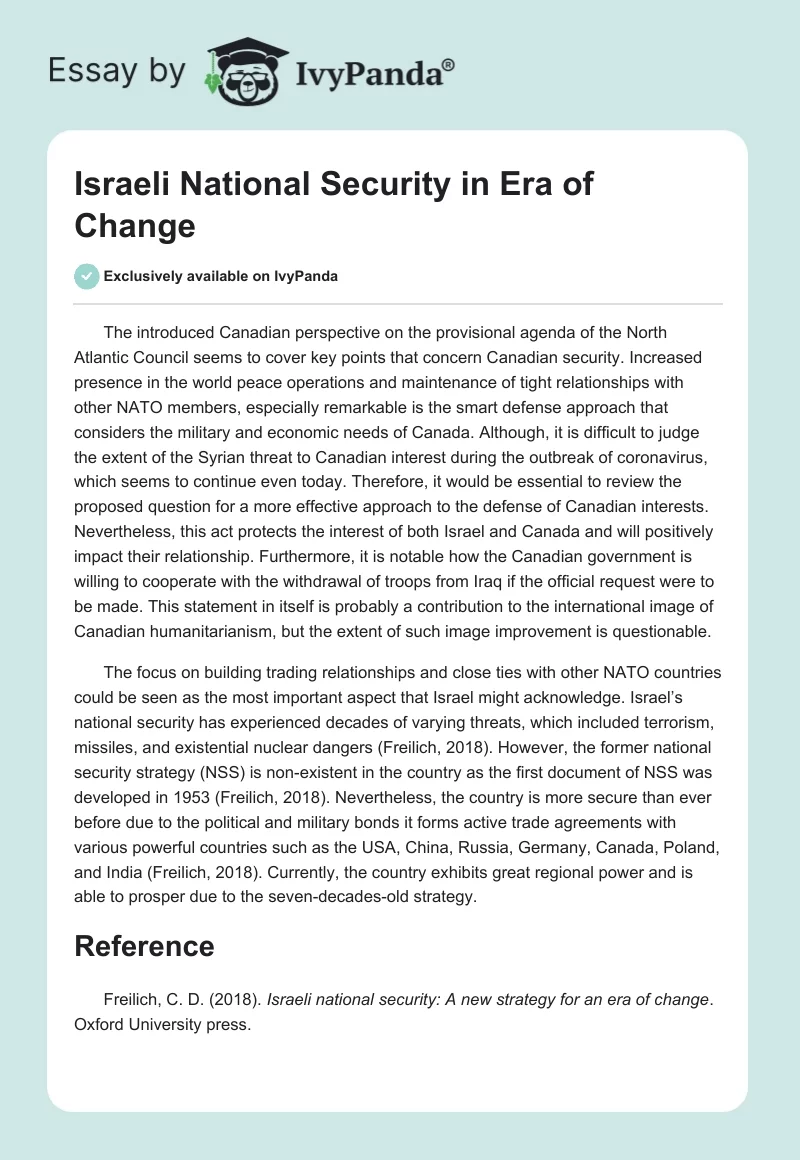 Israeli National Security in Era of Change. Page 1