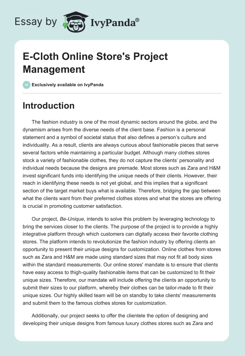 E-Cloth Online Store's Project Management. Page 1