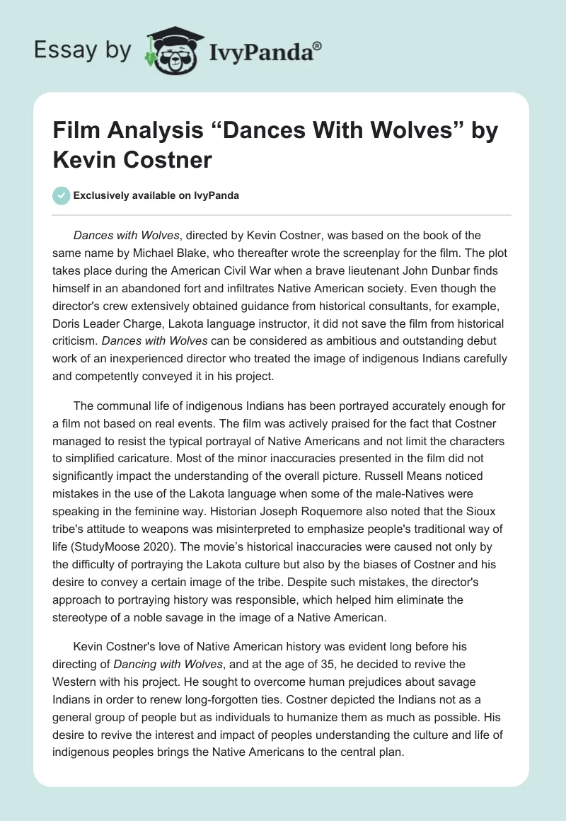 Film Analysis “Dances With Wolves” by Kevin Costner. Page 1