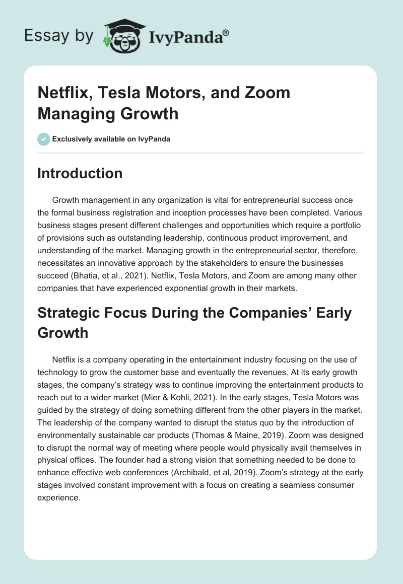 Netflix, Tesla Motors, and Zoom Managing Growth. Page 1