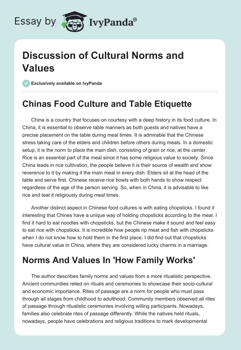 Discussion of Cultural Norms and Values. Page 1