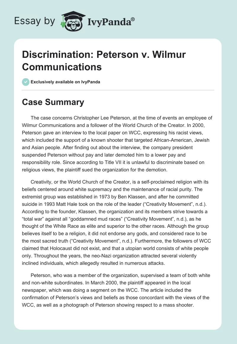 Discrimination: Peterson v. Wilmur Communications. Page 1