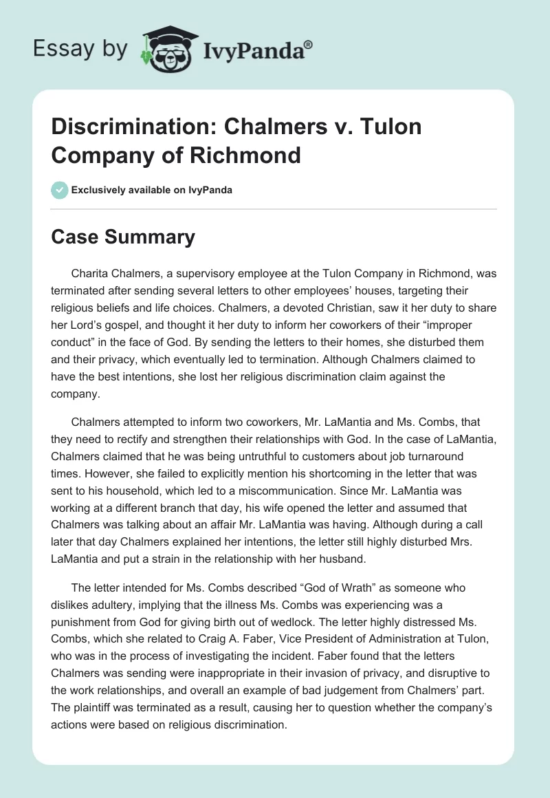 Discrimination: Chalmers v. Tulon Company of Richmond. Page 1