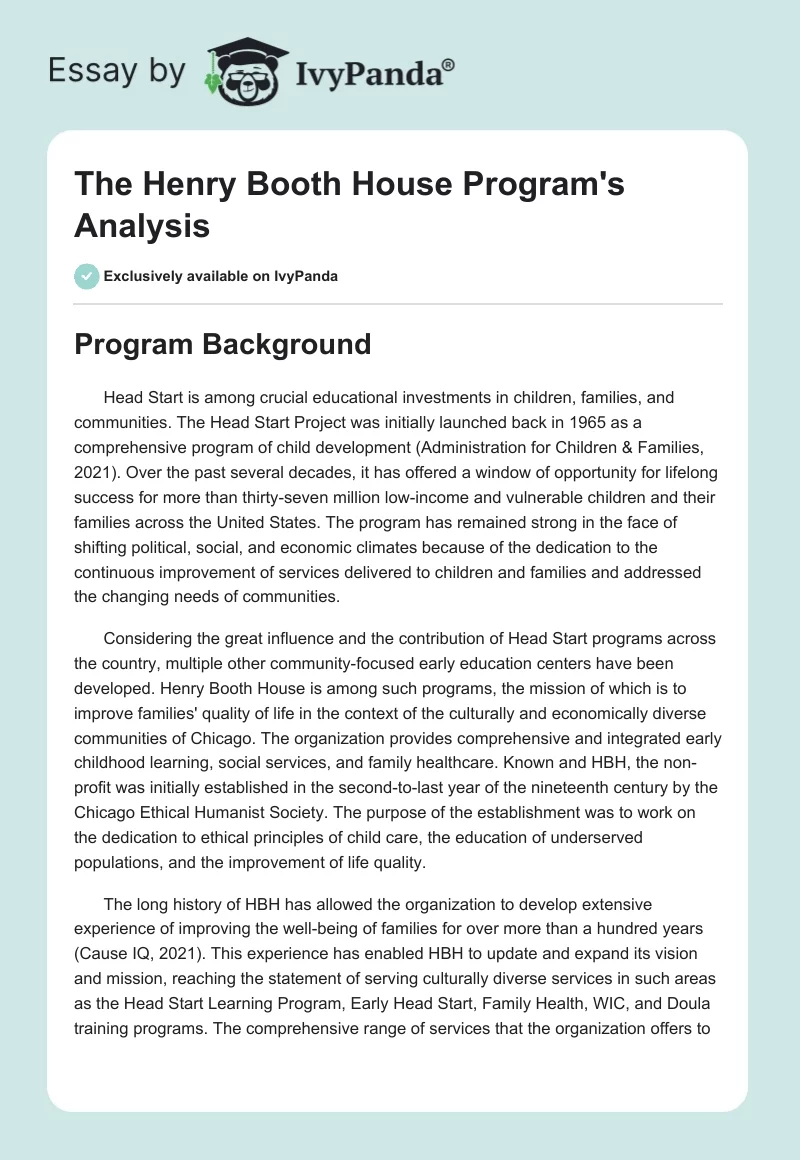 The Henry Booth House Program's Analysis. Page 1