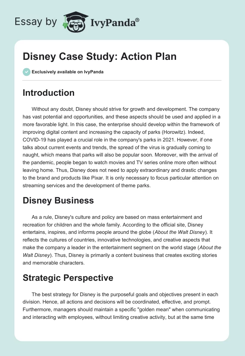 Disney Case Study: Action Plan. Page 1