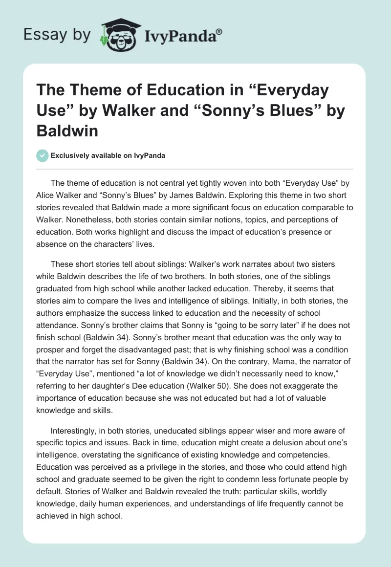 The Theme of Education in “Everyday Use” by Walker and “Sonny’s Blues” by Baldwin. Page 1