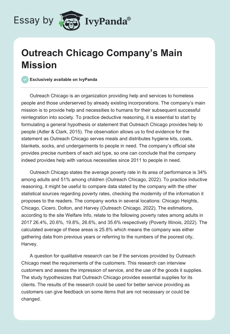 Outreach Chicago Company’s Main Mission. Page 1