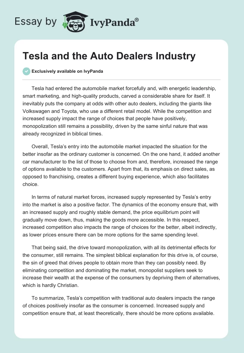 Tesla and the Auto Dealers Industry. Page 1