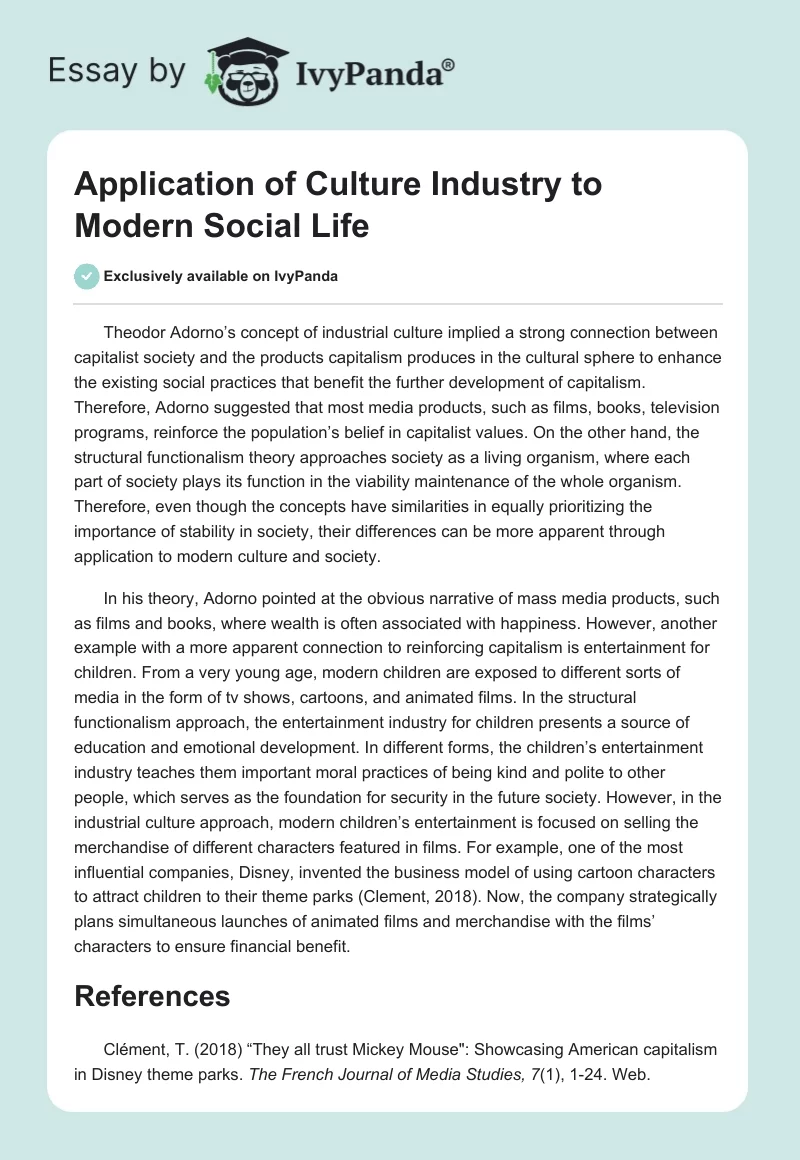 Application of Culture Industry to Modern Social Life. Page 1