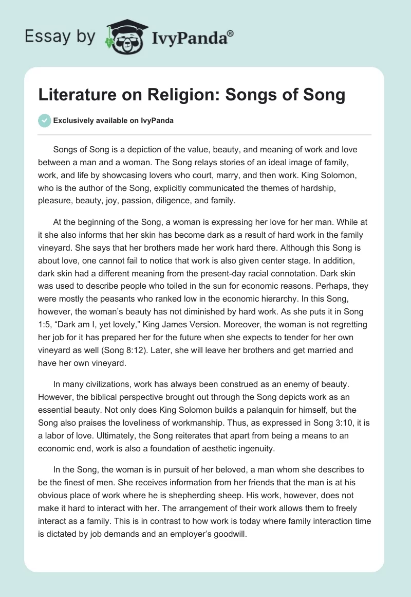 Literature on Religion: Songs of Song. Page 1