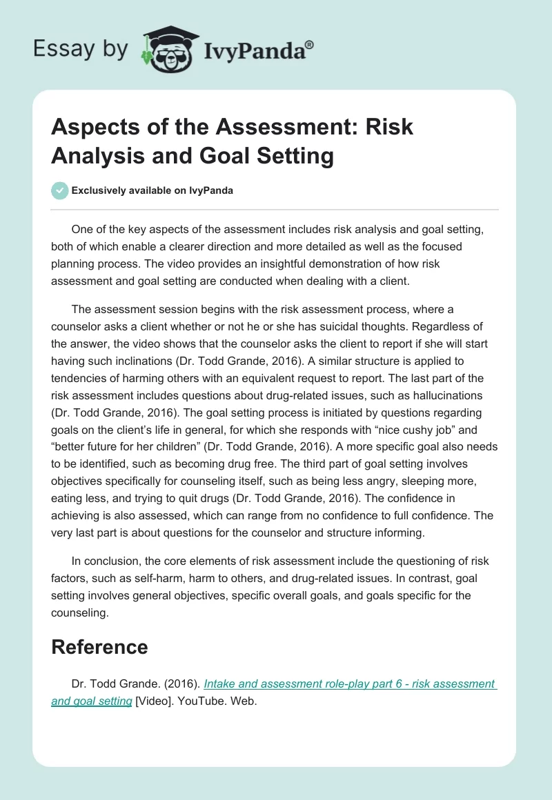 Aspects of the Assessment: Risk Analysis and Goal Setting. Page 1