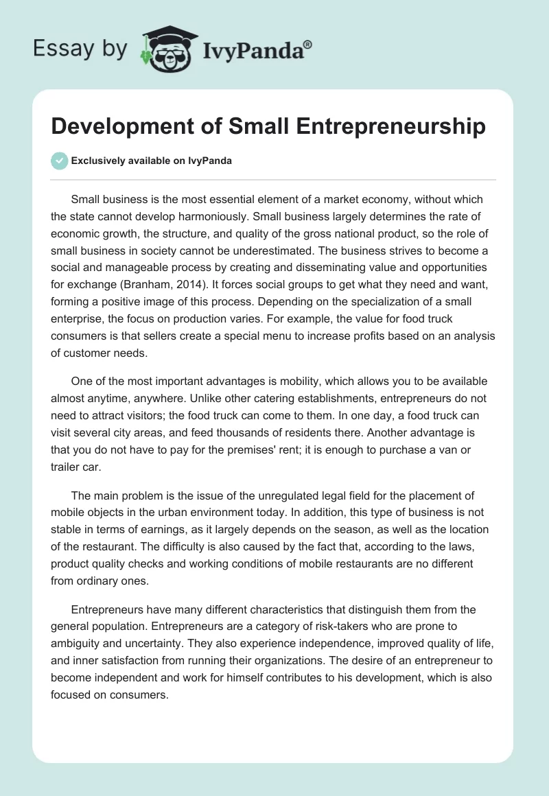 Development of Small Entrepreneurship. Page 1