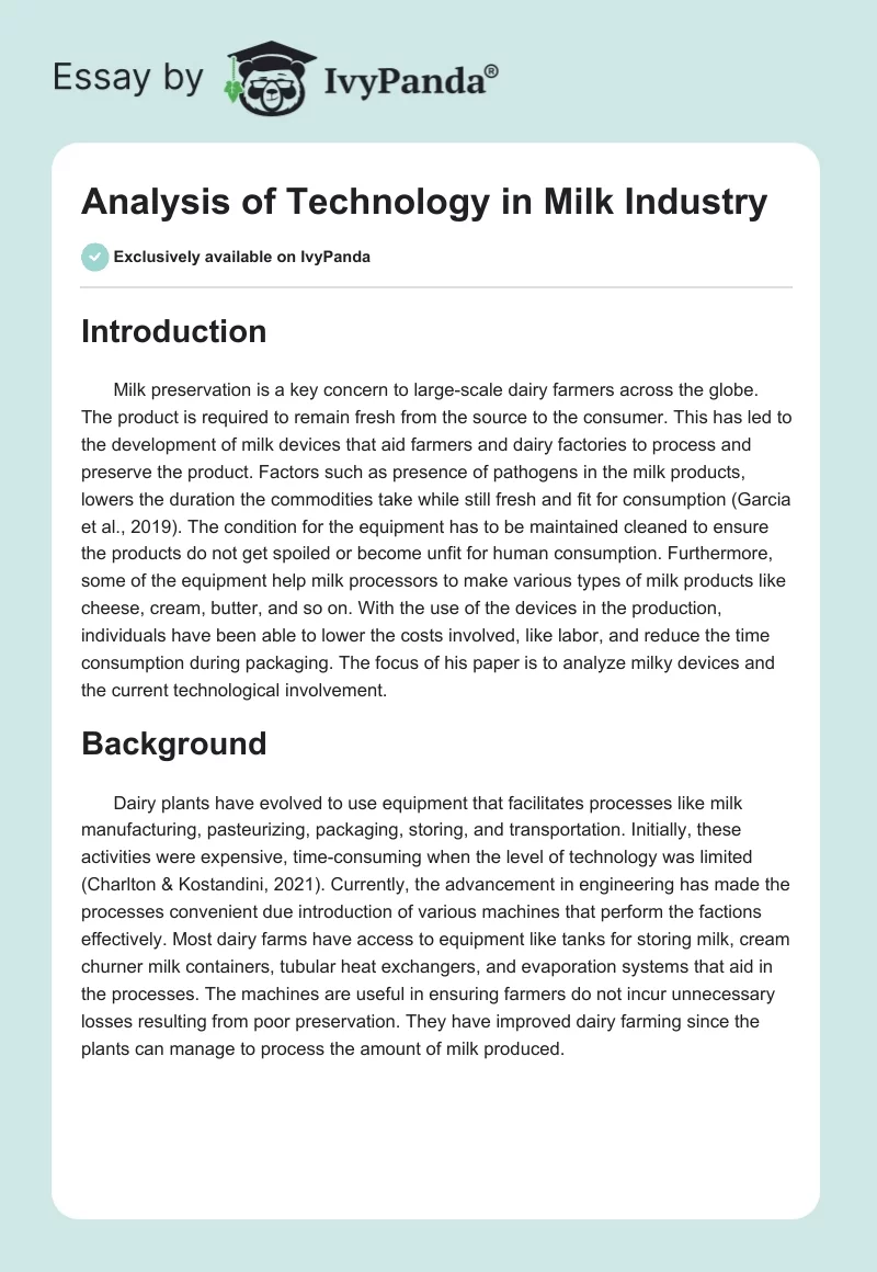 Analysis of Technology in Milk Industry. Page 1