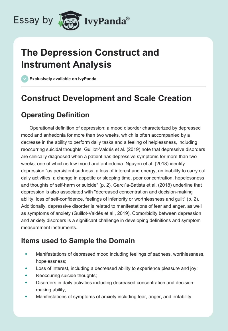 The Depression Construct and Instrument Analysis. Page 1