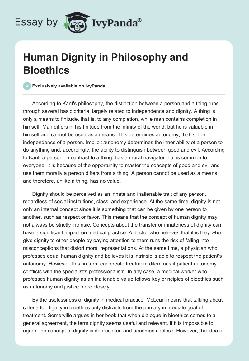 Human Dignity in Philosophy and Bioethics. Page 1