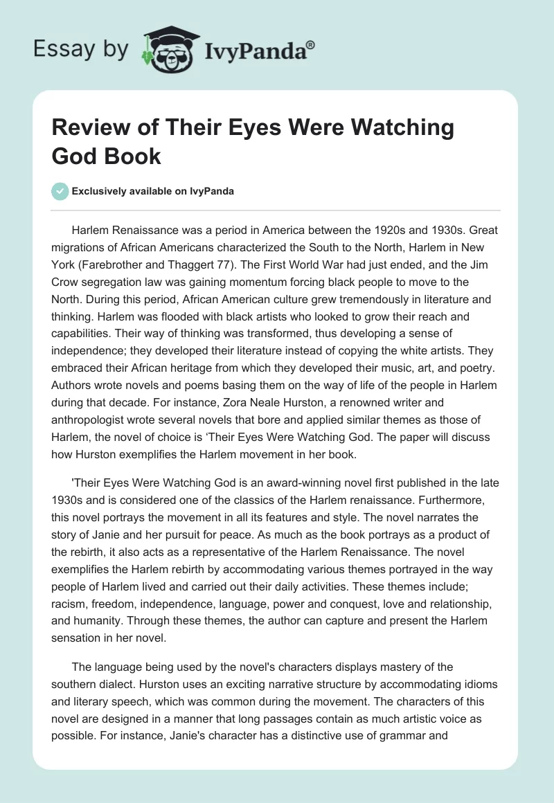 Review of “Their Eyes Were Watching God” Book. Page 1