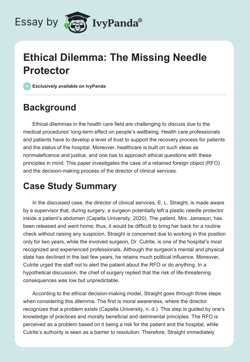 Ethical Dilemma: The Missing Needle Protector. Page 1
