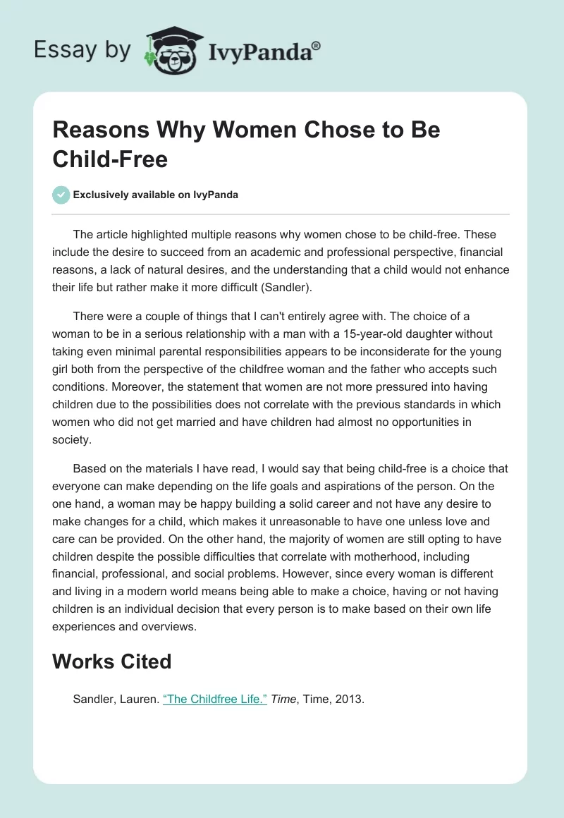Reasons Why Women Chose to Be Child-Free. Page 1